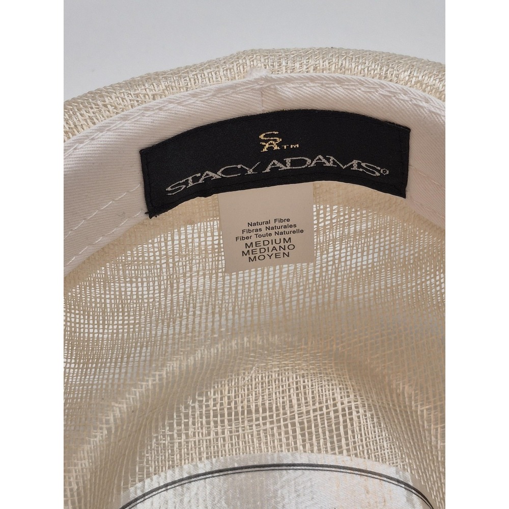 Stacy Adams Hat Fedora Fitted Mens M Beige Straw Feather Trim Gold Pin FLAW - Picture 6 of 10